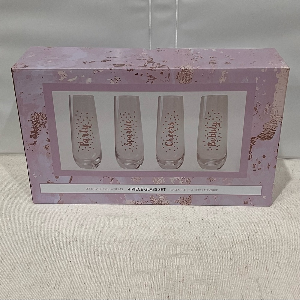 Wine Champagne Stemless Glasses Glass Set of 4 "Party, Sparkle, Cheers & Bubbly"